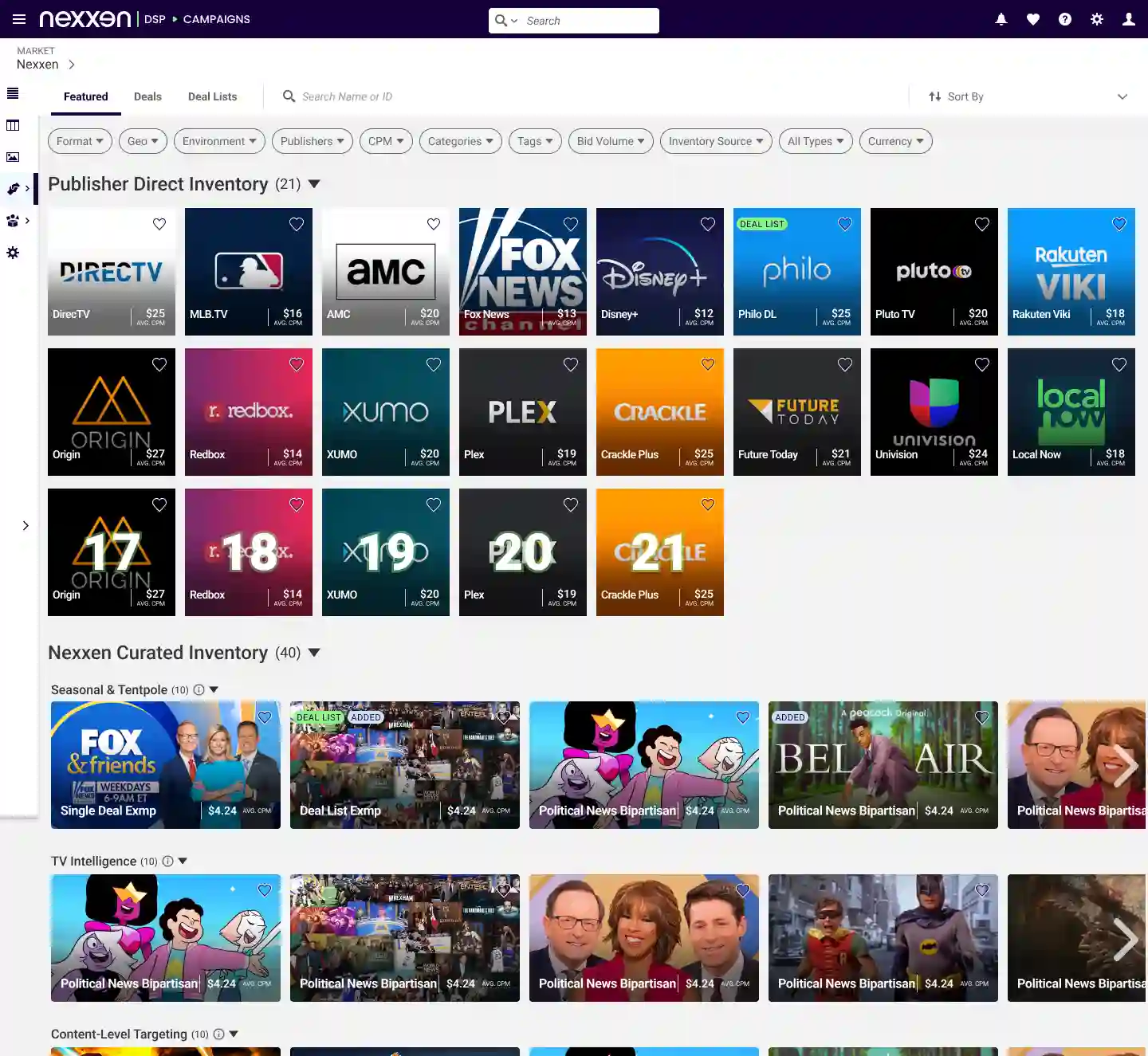 Digital advertising platform interface showing publisher direct inventory logos including DirecTV, MLB.TV, AMC, Fox News, Disney+, and others, with pricing and filtering options.