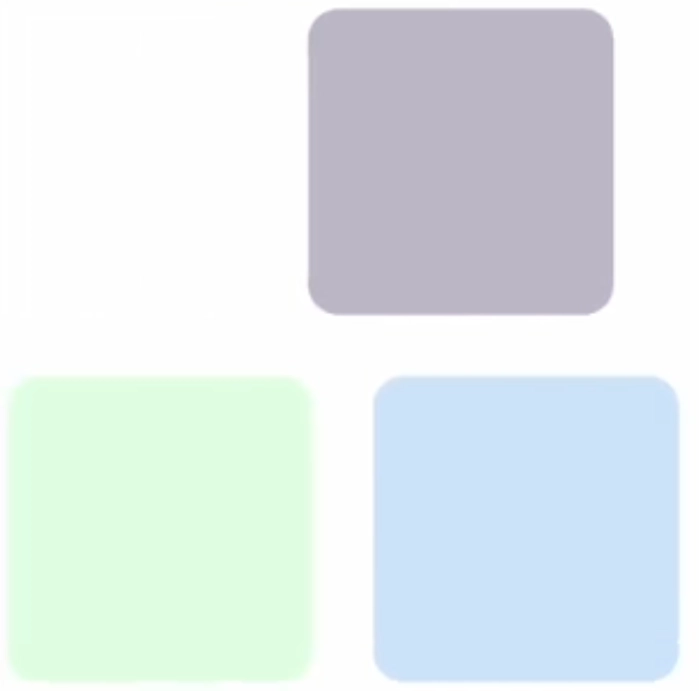 Three rounded squares arranged in a triangular pattern with colors gray, light green, and light blue on a white background.