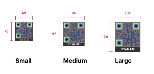 Three sizes of QR codes labeled Small, Medium, and Large with their respective dimensions in pixels above and beside each code.