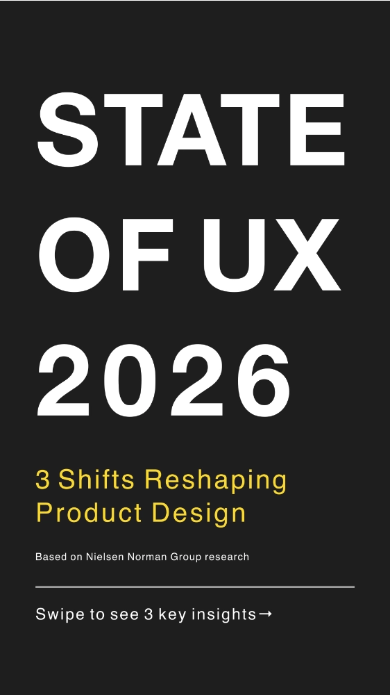 Bold text stating 'STATE OF UX 2026' with subtitle '3 Shifts Reshaping Product Design' and a note about Nielsen Norman Group research, on a black background.