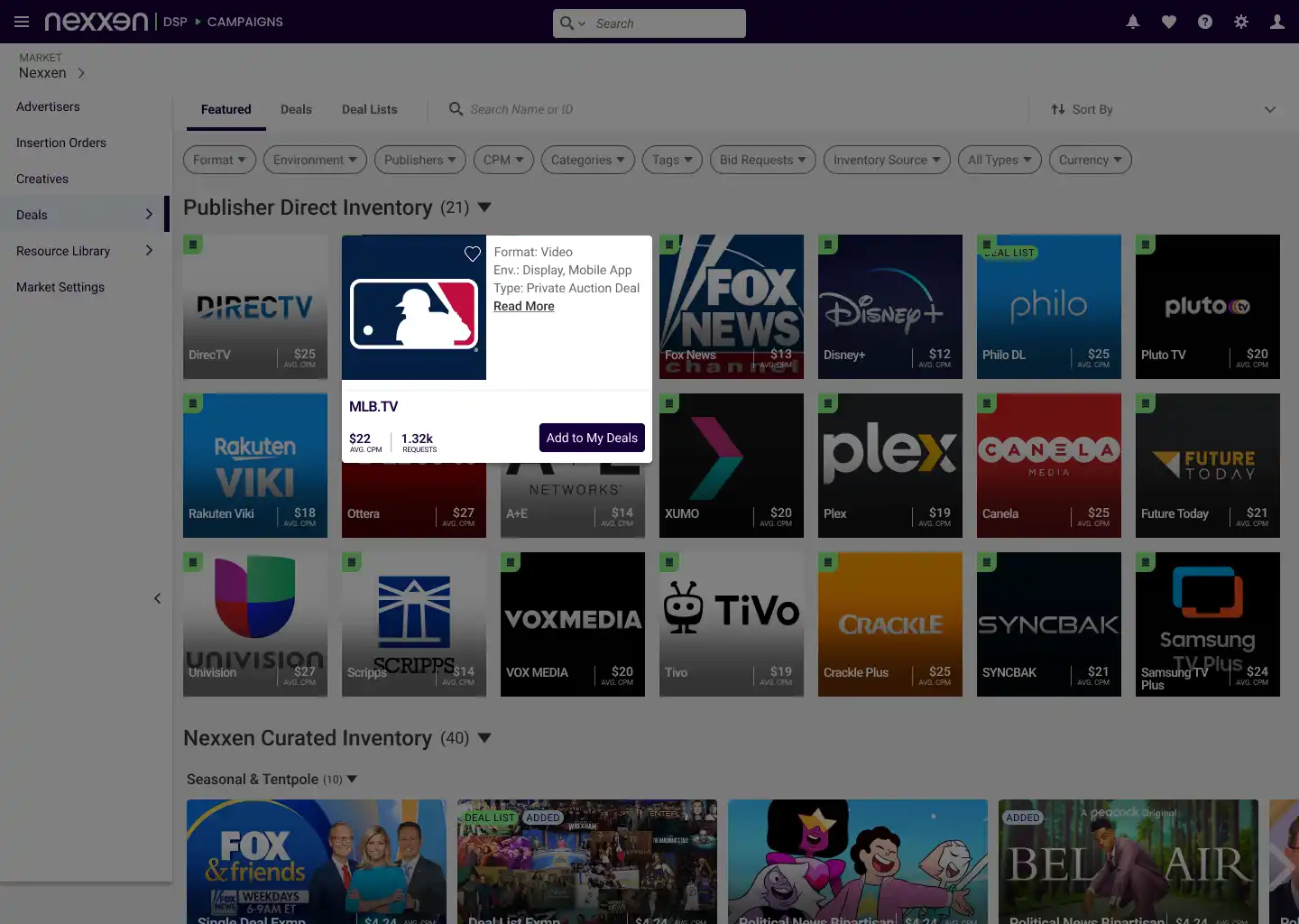 Nexxen DSP campaign dashboard showing Publisher Direct Inventory with logos and average CPM prices for DirecTV, MLB.TV, Fox News, Disney+, Philo, Pluto TV, Rakuten Viki, Ottera, A+E Networks, XUMO, Plex, Canela Media, Future Today, Univision, Scripps, VOX Media, TiVo, Crackle Plus, SYNCBAK, and Samsung TV Plus.
