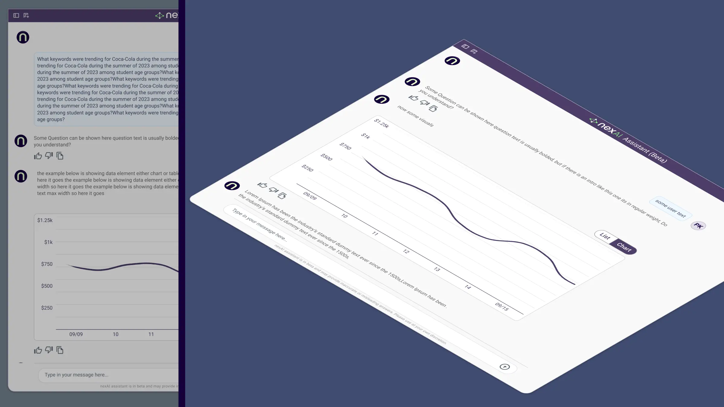 Screenshot of nexAI Assistant beta showing chat with a line graph and text messages on a blue background.