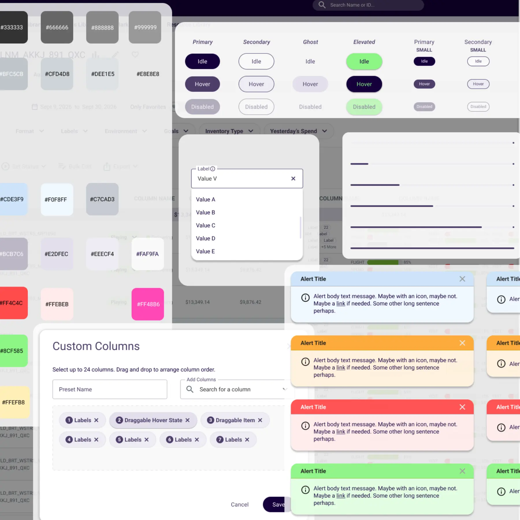 UI design screen showing color swatches, button states, alert messages, and a custom columns panel.