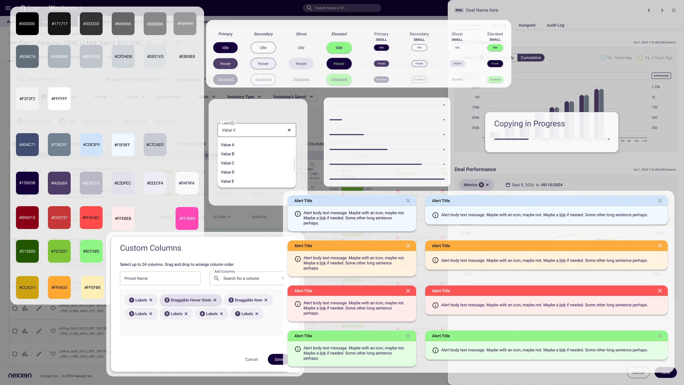Dashboard showing color swatches, button states, alerts in various colors, and custom column selection interface.