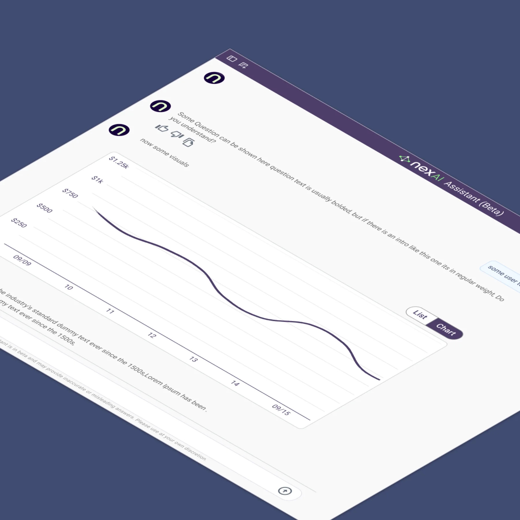 NexAI Assistant interface showing a question, user reactions, and a declining line chart from $1.25k to below $250.