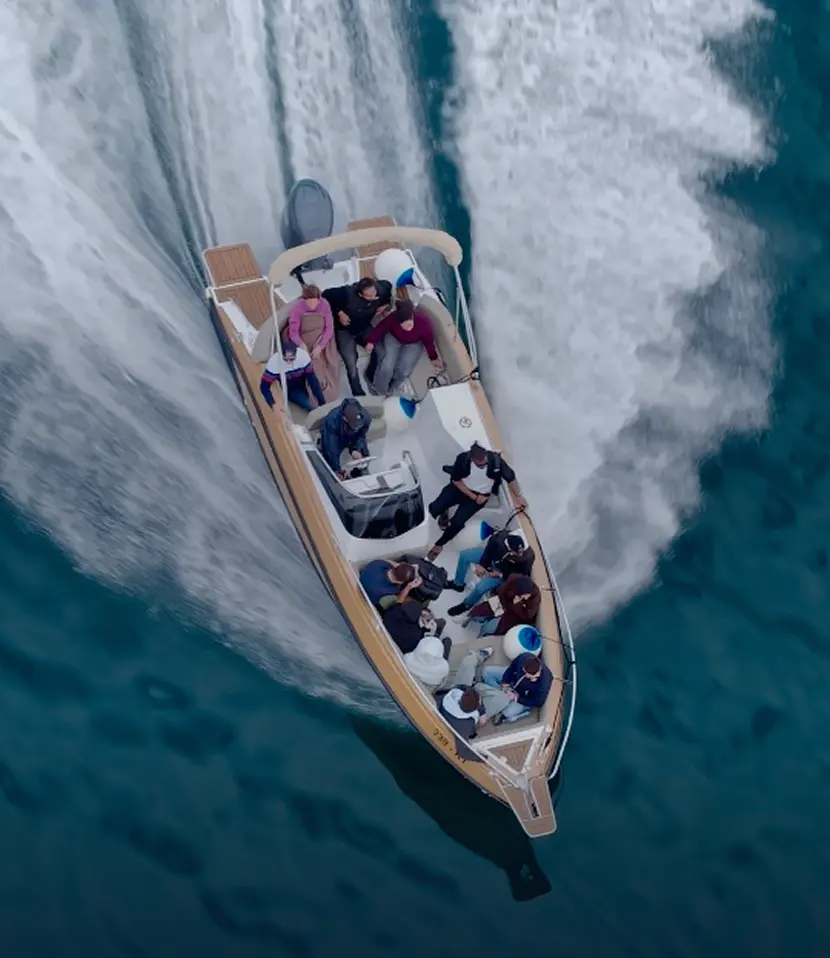 Aerial view of a group enjoying a high speed boat tour in Montenegro