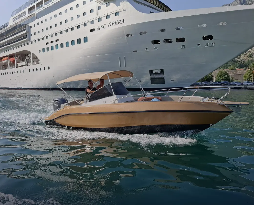 Private speedboat tour in Boka Bay Montenegro passing near a cruise ship in Kotor Bay