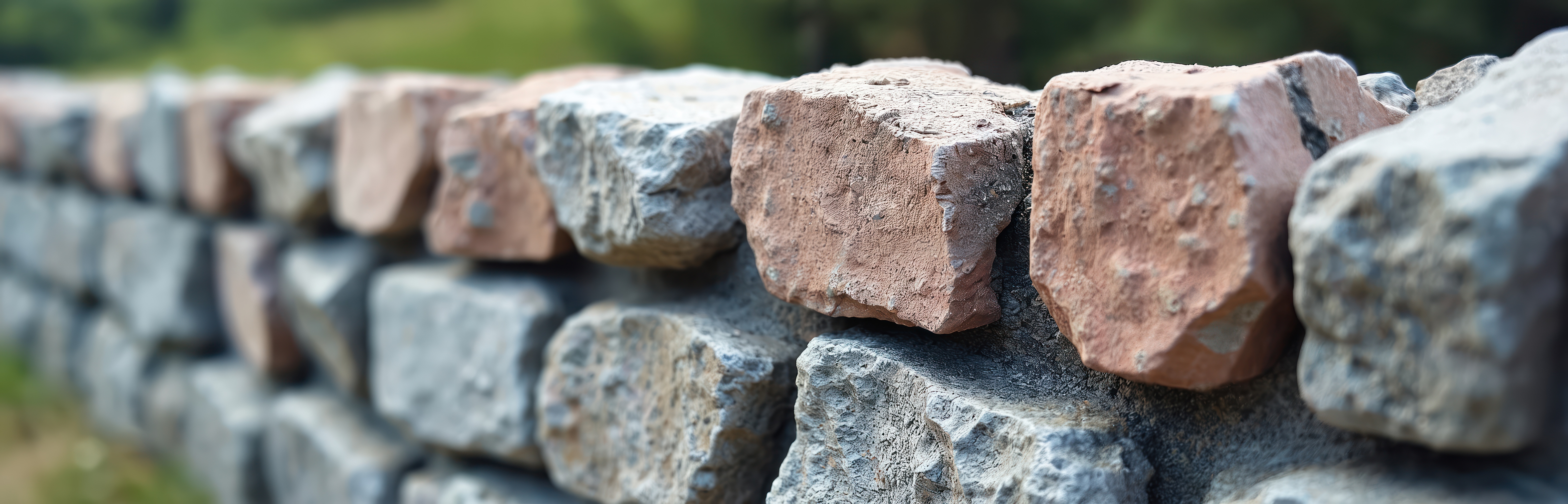 Close-up of a stone wall made of rough, irregularly shaped gray and reddish-brown rocks.