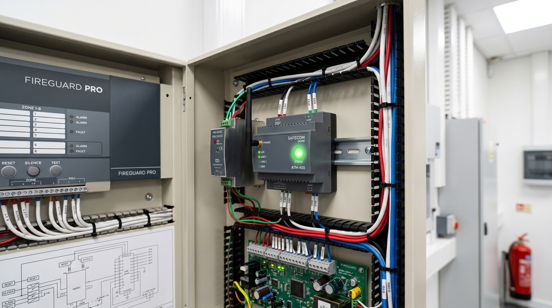 Ein geöffneter Schaltschrank mit sauber installierter Brandmeldetechnik zeigt die technische Umsetzung durch einen Fachbetrieb. Das Motiv steht für qualifizierte Installation, geprüfte Komponenten und normgerechte Sicherheitslösungen.