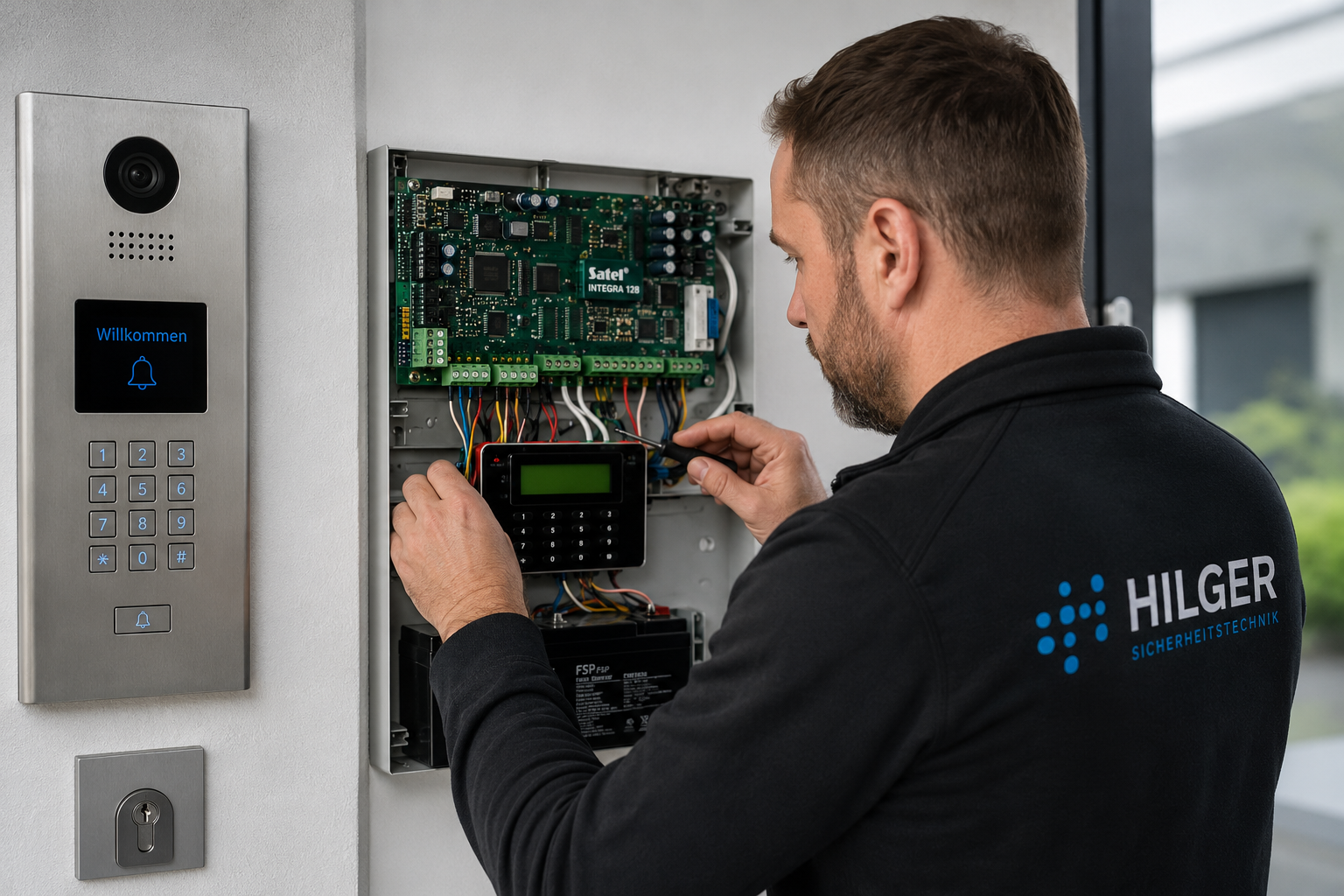 Ein Servicetechniker von Sicherheitstechnik Hilger arbeitet an einer geöffneten Einbruchmeldeanlage in einem modernen Eingangsbereich. Neben der Anlage befindet sich eine digitale Klingel- und Sprechanlage. Der Techniker überprüft die Verdrahtung und Programmierung der Sicherheitskomponenten. Auf seiner schwarzen Arbeitskleidung ist das Logo von Sicherheitstechnik Hilger zu sehen.