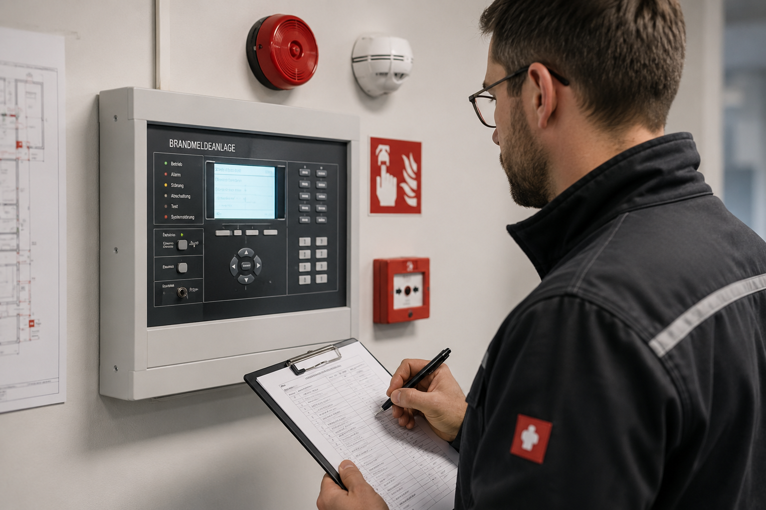 Ein Servicetechniker überprüft in einem hellen Gebäudeflur eine Brandmeldeanlage. Er steht vor einer an der Wand montierten Brandmelderzentrale und dokumentiert die Prüfschritte auf einem Klemmbrett. Neben der Zentrale sind ein Rauchmelder, ein akustischer Signalgeber und ein Handfeuermelder sichtbar. Im Hintergrund hängt ein Gebäudeplan. Die Szene vermittelt eine professionelle Sachverständigen- bzw. Wartungsprüfung einer Brandmeldeanlage im laufenden Gebäudebetrieb.