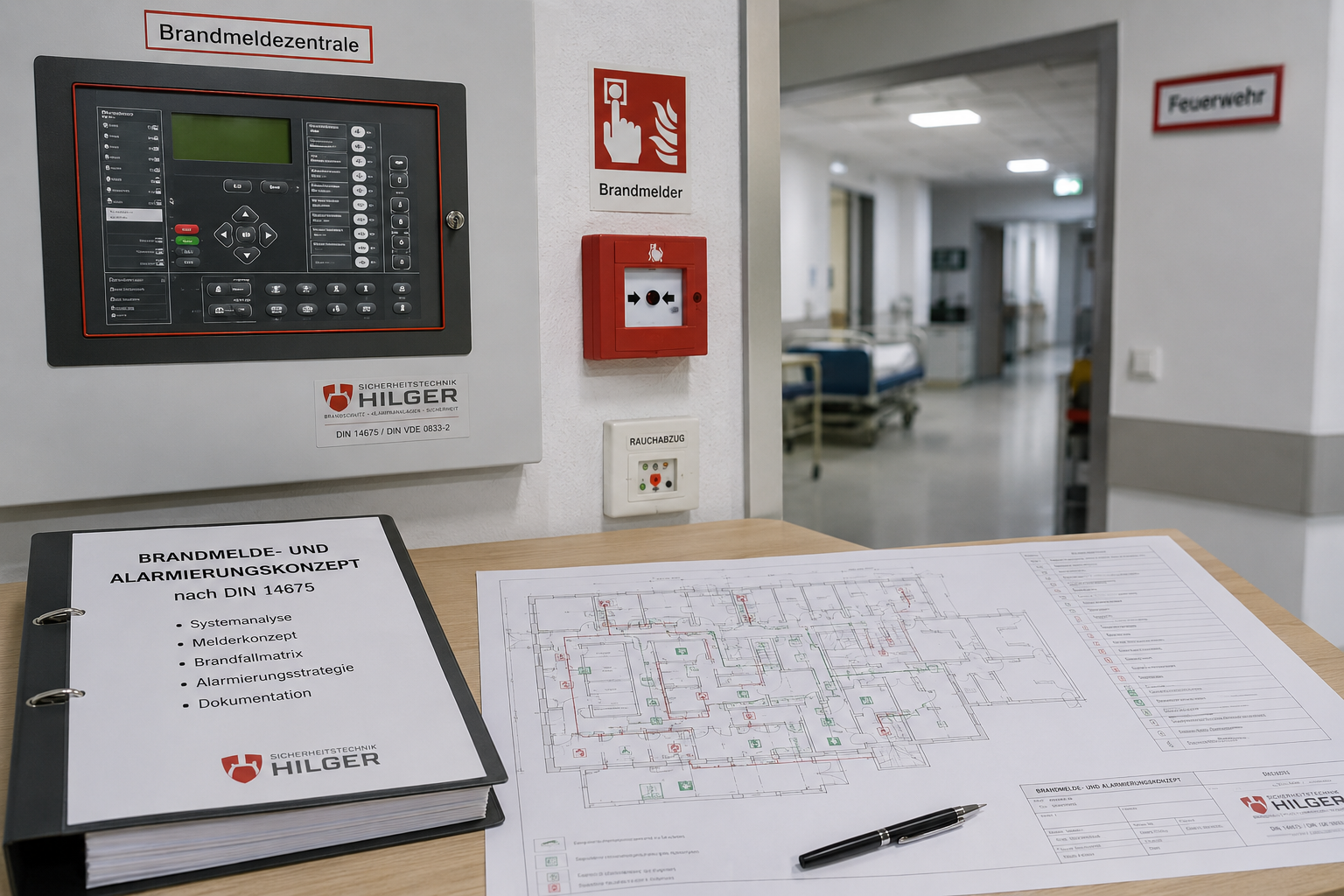 Das Bild zeigt eine moderne Brandmeldezentrale in einer kritischen Infrastruktur. Im Vordergrund liegen ein Brandmelde- und Alarmierungskonzept nach DIN 14675 sowie ein technischer Gebäudeplan auf einem Besprechungstisch. An der Wand befinden sich eine Brandmeldezentrale und ein Handfeuermelder. Im Hintergrund ist ein Krankenhausflur mit Patientenzimmern zu erkennen. Die Darstellung verdeutlicht die Planung, Dokumentation und technische Umsetzung normgerechter Brandmelde- und Alarmierungssysteme für Krankenhäuser, Rechenzentren und andere sicherheitskritische Einrichtungen.