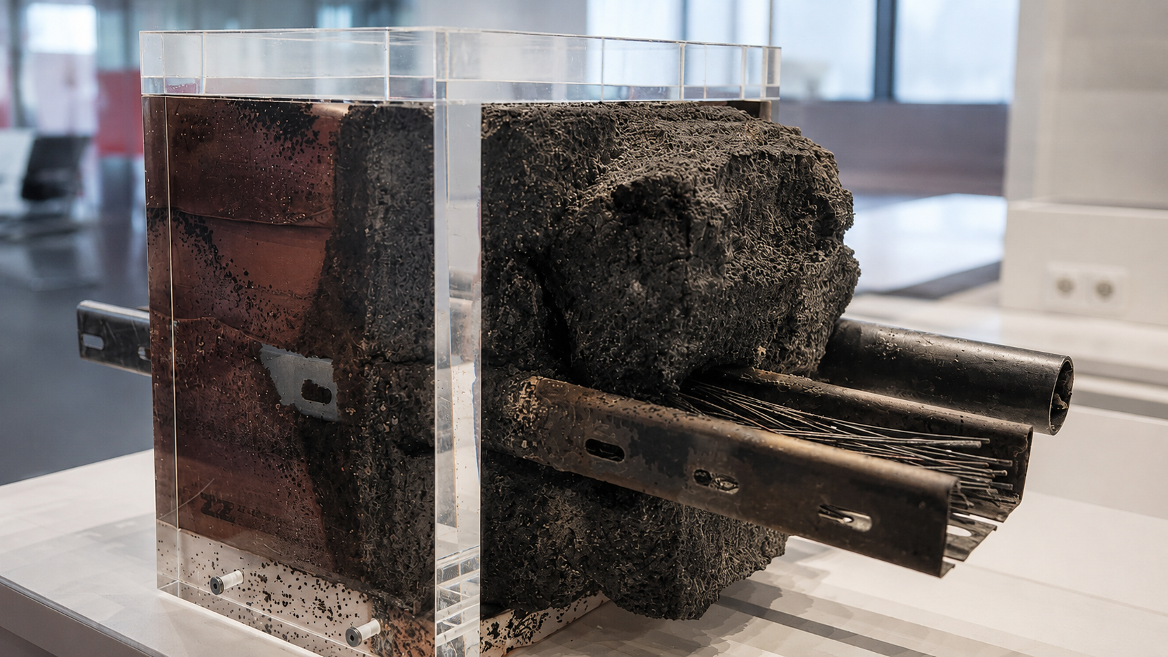 Das Foto zeigt ein Brandschott im Querschnitt. Mehrere Kabel und Rohre führen durch eine Wandöffnung, die mit aufgeschäumtem Brandschutzmaterial verschlossen ist. Das Modell veranschaulicht, wie Leitungsdurchführungen gegen die Ausbreitung von Feuer und Rauch abgeschottet werden.