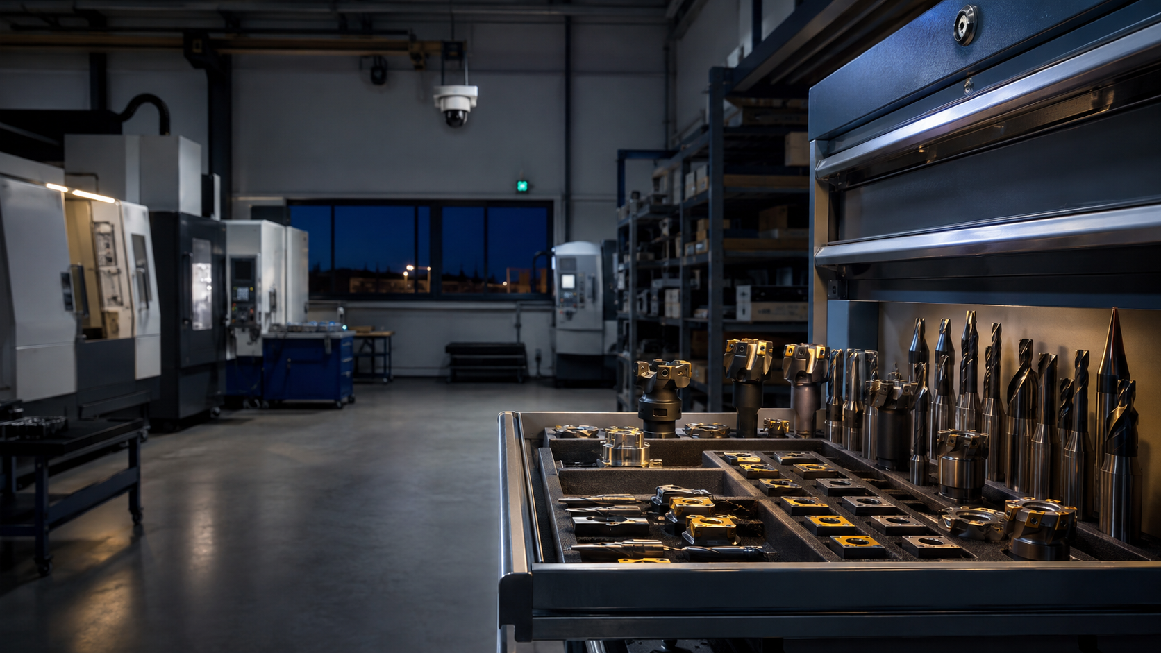 Im Vordergrund steht ein geöffneter Werkzeugschrank mit zahlreichen hochwertigen Fräsern, Hartmetallwerkzeugen und Wendeschneidplatten. Dahinter ist eine menschenleere Zerspanungshalle mit CNC-Maschinen zu sehen. Eine an der Hallendecke montierte Überwachungskamera weist auf die Absicherung des Betriebs außerhalb der Arbeitszeiten hin.