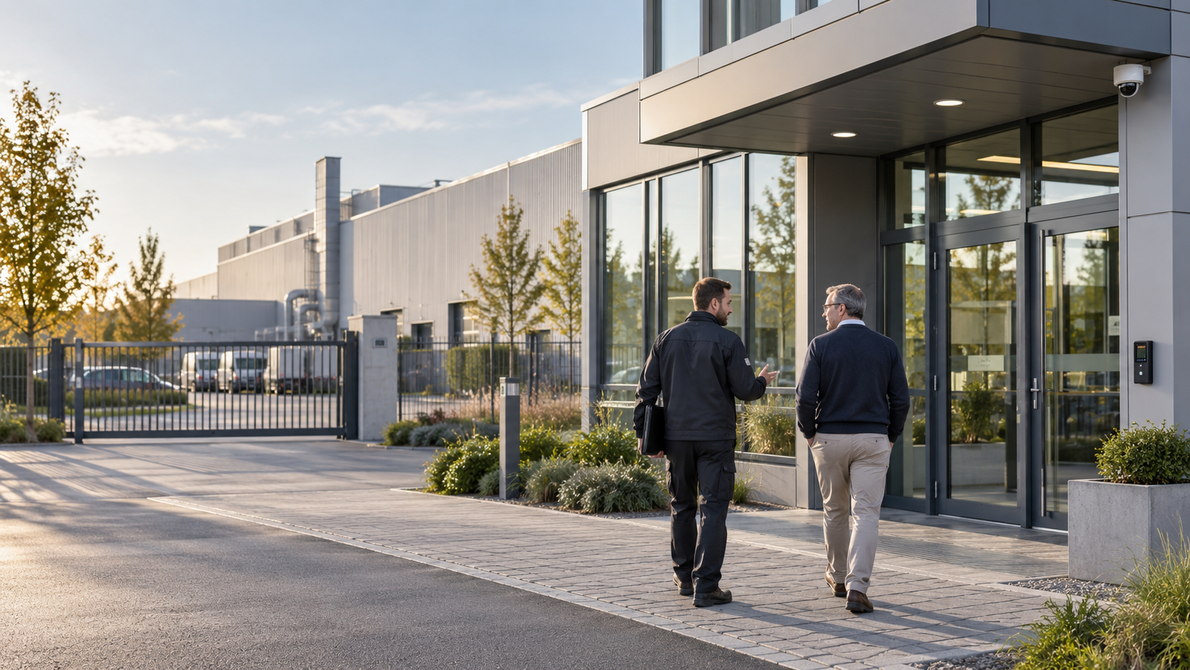 Das breite Foto zeigt den Eingangsbereich eines modernen Industriebetriebs bei warmem Tageslicht. Ein Sicherheitstechniker in dunkler Arbeitskleidung und ein Standortverantwortlicher gehen gemeinsam auf das Gebäude zu und besprechen offenbar die Situation vor Ort. Im Hintergrund befinden sich eine Produktionshalle, ein abgegrenztes Betriebsgelände und geparkte Fahrzeuge. Eine dezent angebrachte Überwachungskamera und ein Zutrittsleser neben der Eingangstür weisen auf die technische Absicherung des Standorts hin. Das Bild vermittelt eine sachliche und professionelle Beratung zur integrierten Sicherheit von Industrieanlagen.
