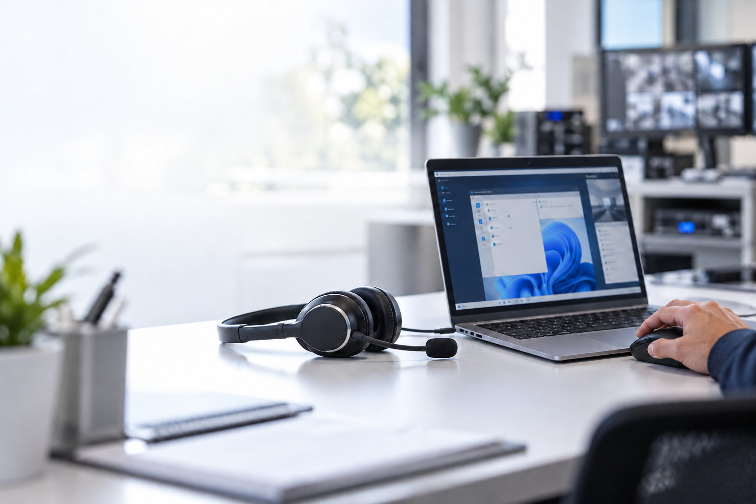 Servicearbeitsplatz mit Laptop und Headset zur Fernunterstützung von Kunden. Links steht „SiHi Fernwartung – Sicherheitstechnik Hilger GmbH“.