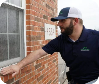 Man in a navy blue polo and cap inspecting a brick wall near a window of a building.