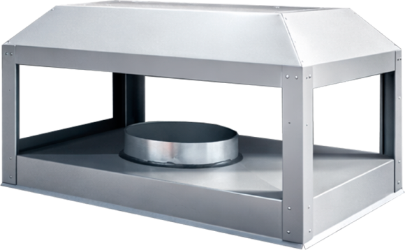 Rectangular metal ventilation hood with an open bottom and central circular duct connection.
