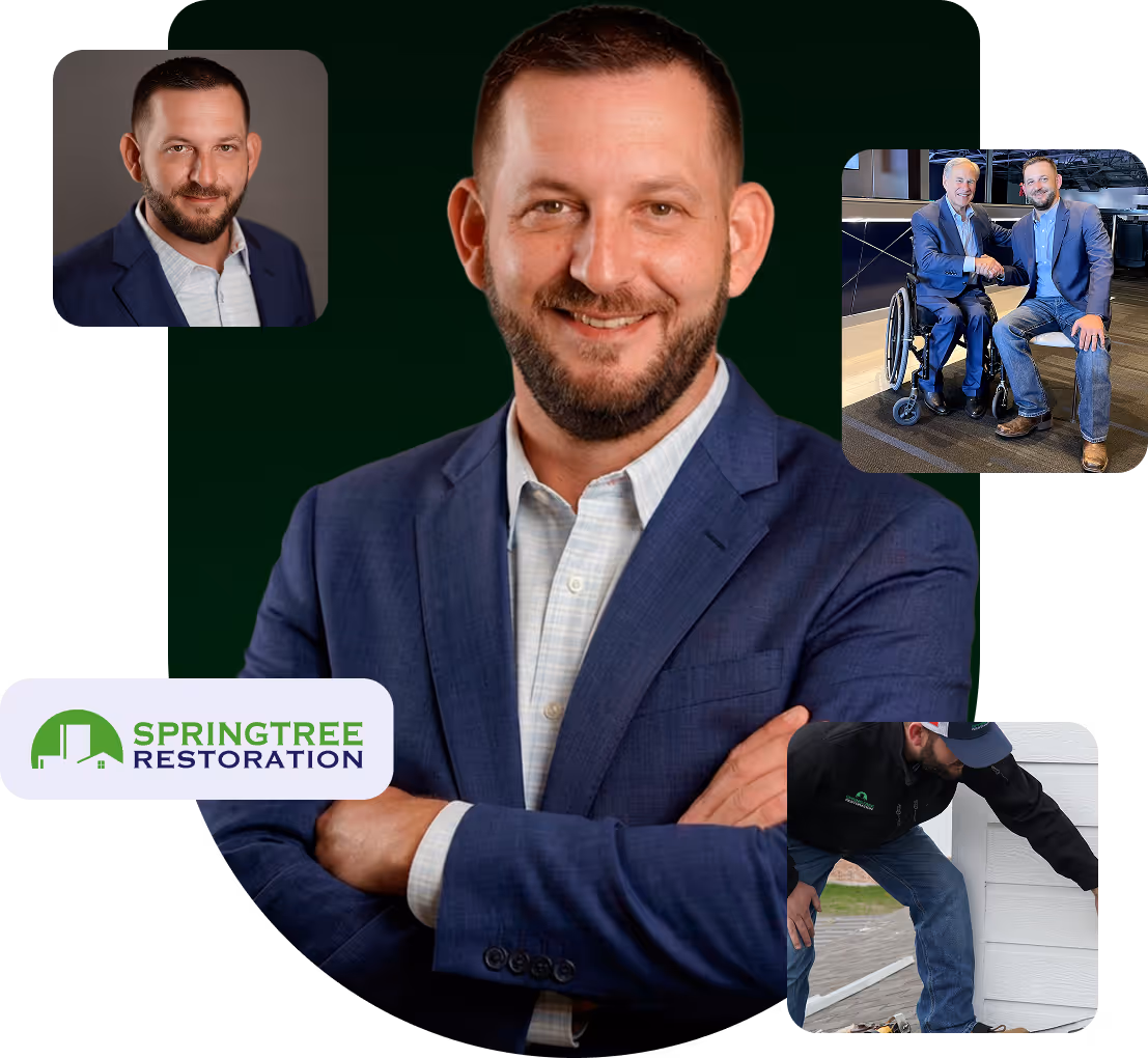 Portrait of a smiling man in a blue suit with arms crossed, inset images show him in a smaller portrait, shaking hands with an older man in a wheelchair, and inspecting a house exterior; Springtree Restoration logo is also visible.