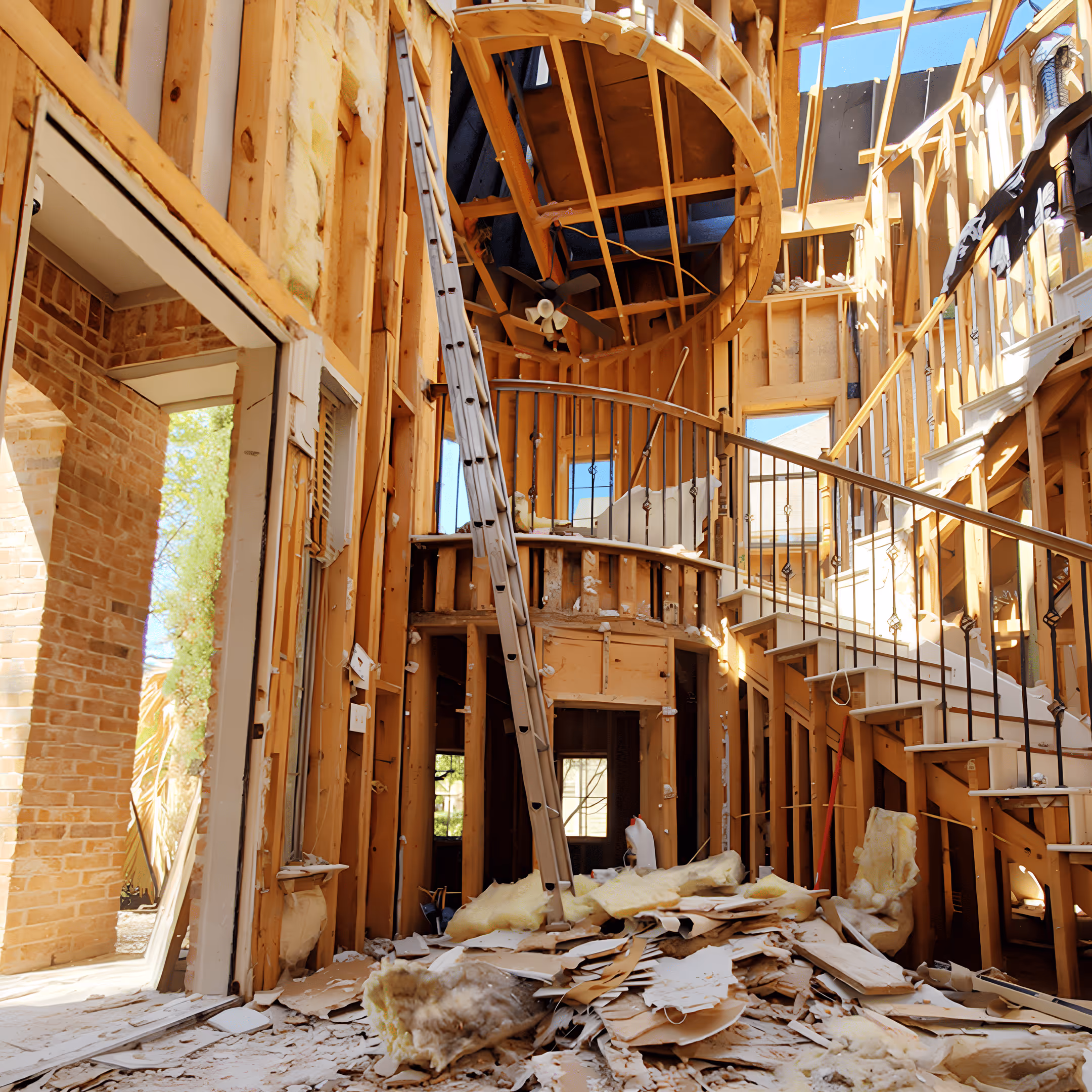 Interior of a house under renovation with exposed wooden framing, debris, insulation, a metal staircase railing, and a ladder leaning against the wall.