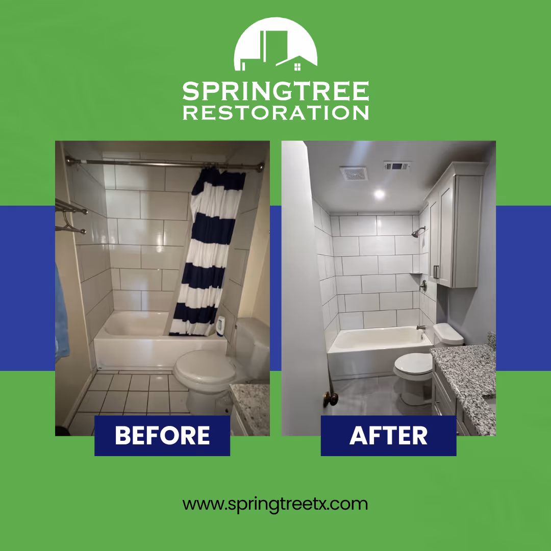 Side-by-side before and after photos of a bathroom renovation showing updated tile, new cabinetry, and improved lighting.