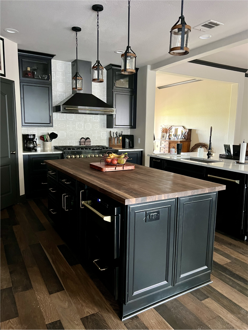Kitchen countertops and island with built-in storage