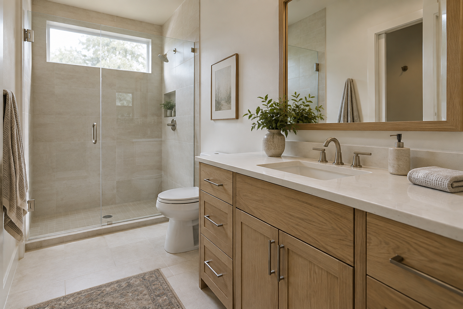 Remodeled bathroom with glass shower and wood vanity