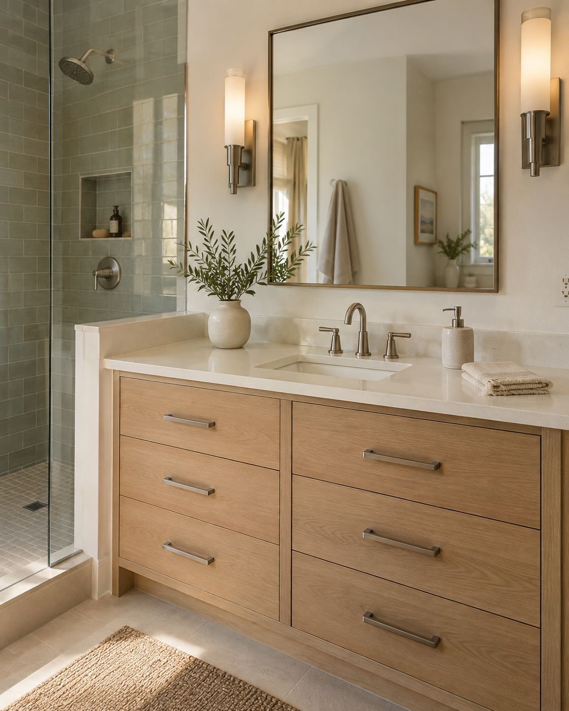 Remodeled bathroom vanity with wood drawers, a large mirror and wall lighting