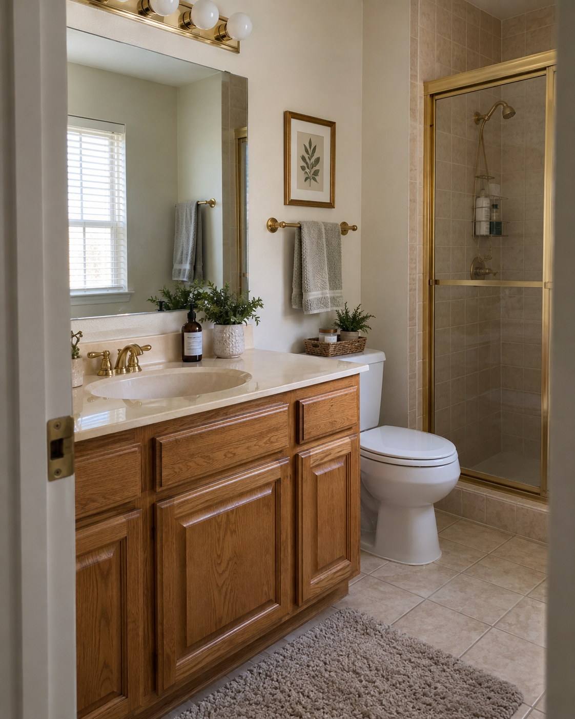 Bathroom with wood vanity, beige tile and a glass shower before remodeling.