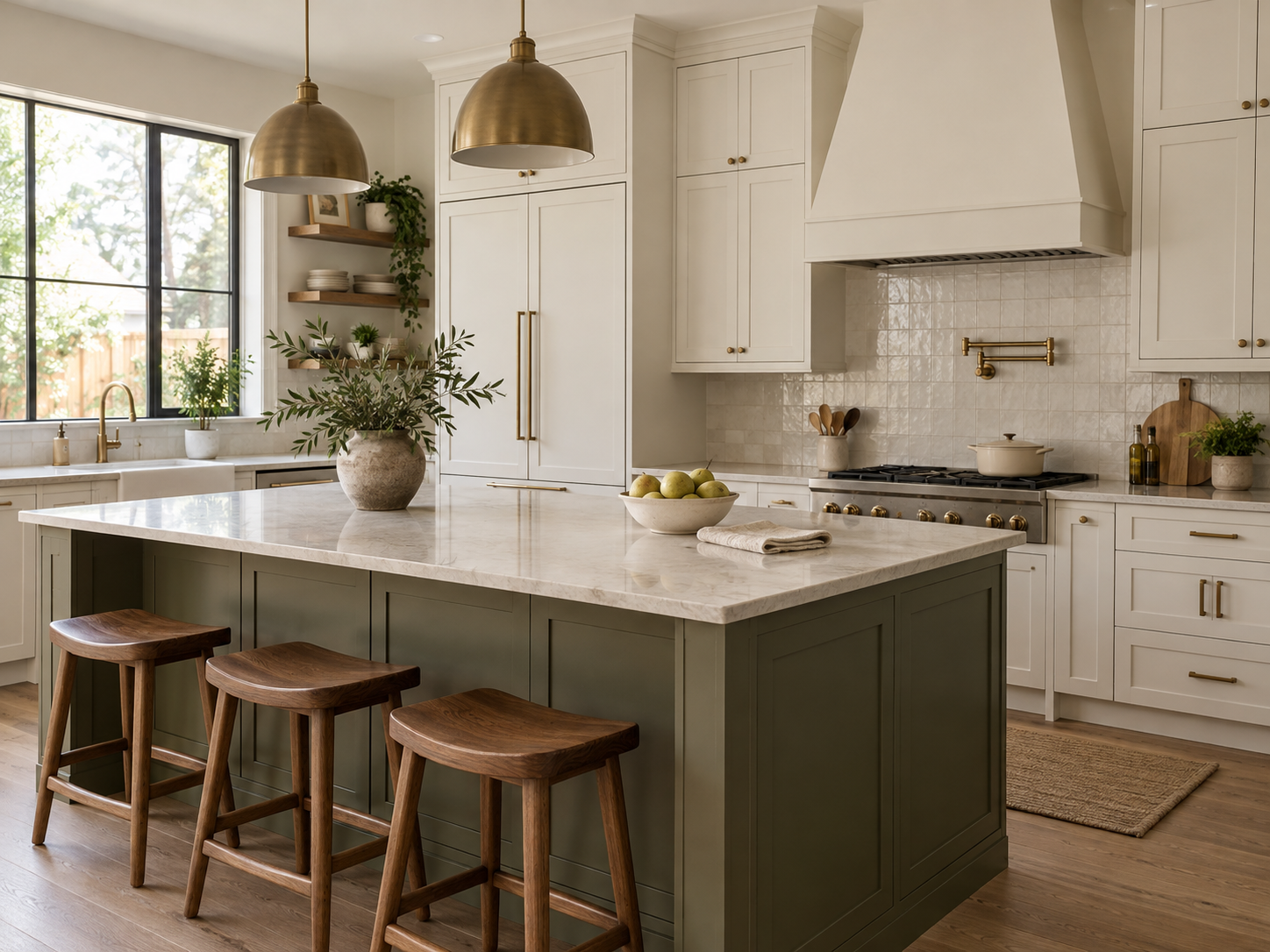 Kitchen design concept with cream cabinetry, a green island and brass pendant lights.