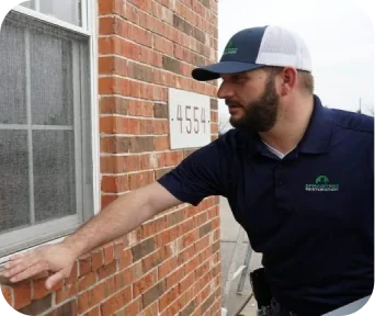 Man in a navy blue polo and cap inspecting a brick wall near a window of a building.