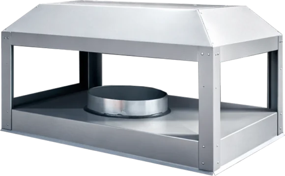 Rectangular metal ventilation hood with an open bottom and central circular duct connection.