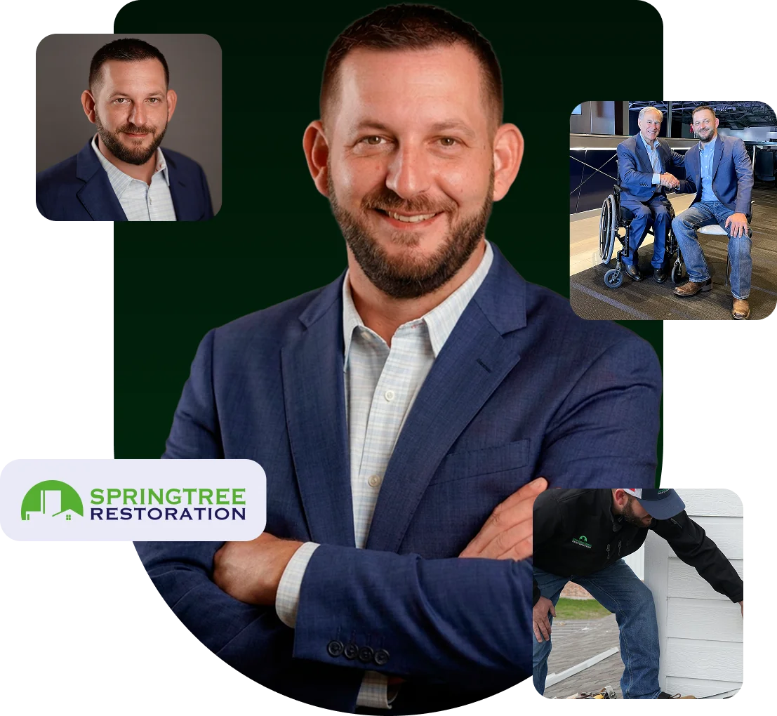 Portrait of a smiling man in a blue suit with arms crossed, inset images show him in a smaller portrait, shaking hands with an older man in a wheelchair, and inspecting a house exterior; Springtree Restoration logo is also visible.