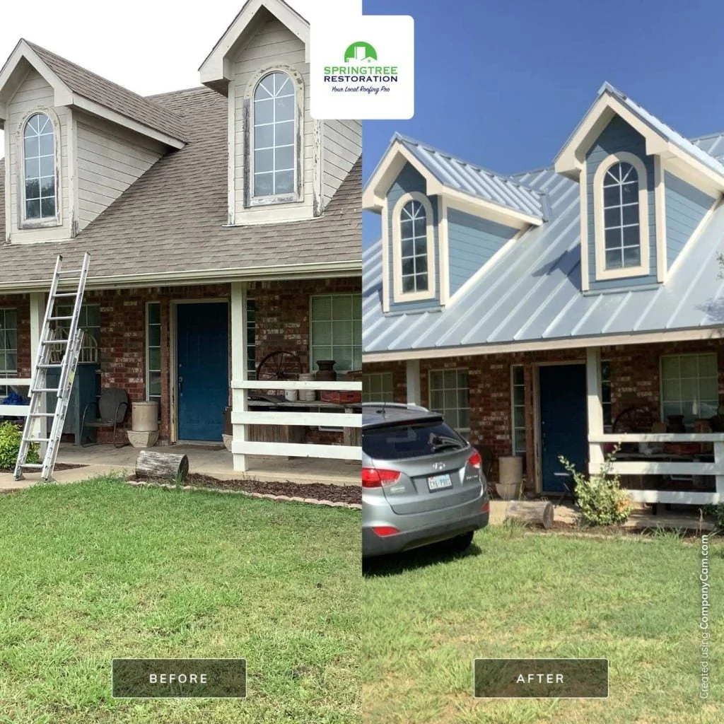 Side-by-side before and after images showing a house roof upgrade from worn brown shingles to a new blue metal roof.