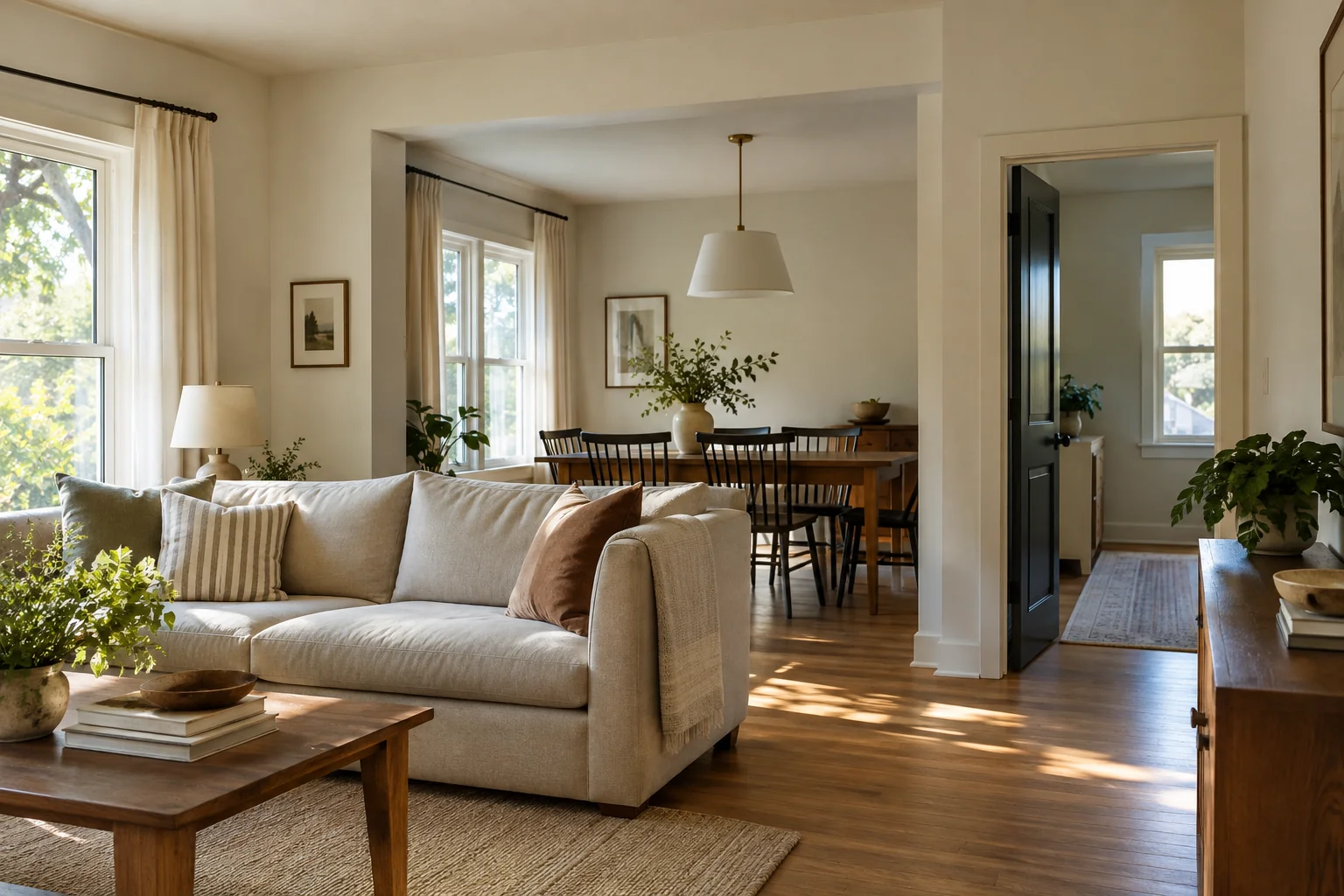Sunlit living room with a cream sofa, wood floors and an adjoining dining area.