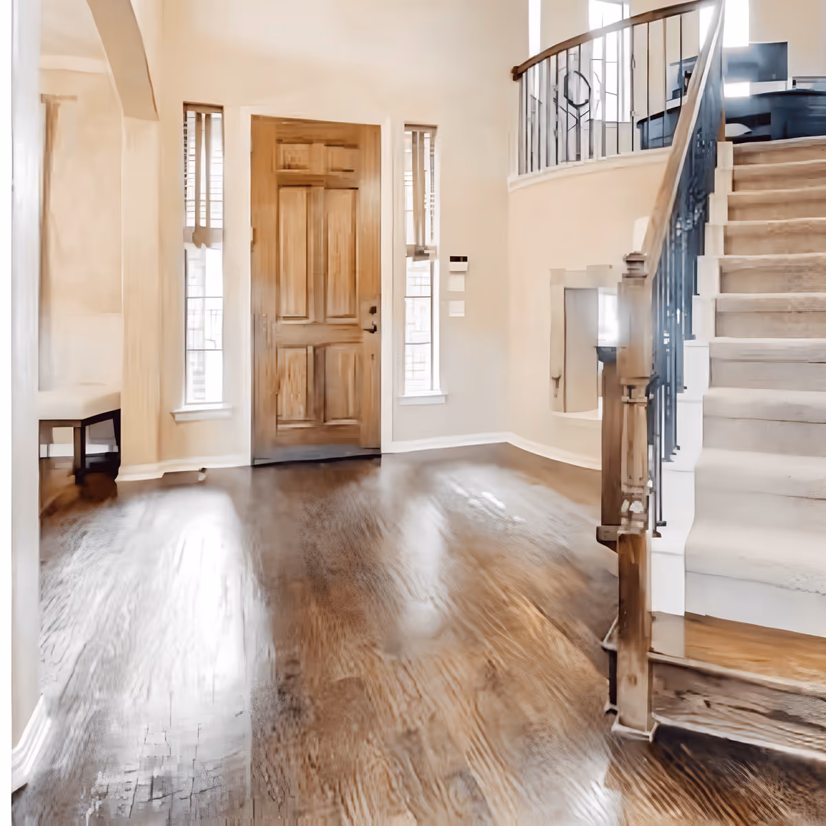 Bright entryway with wooden front door, hardwood floors, and carpeted staircase with black metal railing.