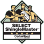 Logo of Select ShingleMaster by CertainTeed featuring three workers wearing hard hats and holding tools.