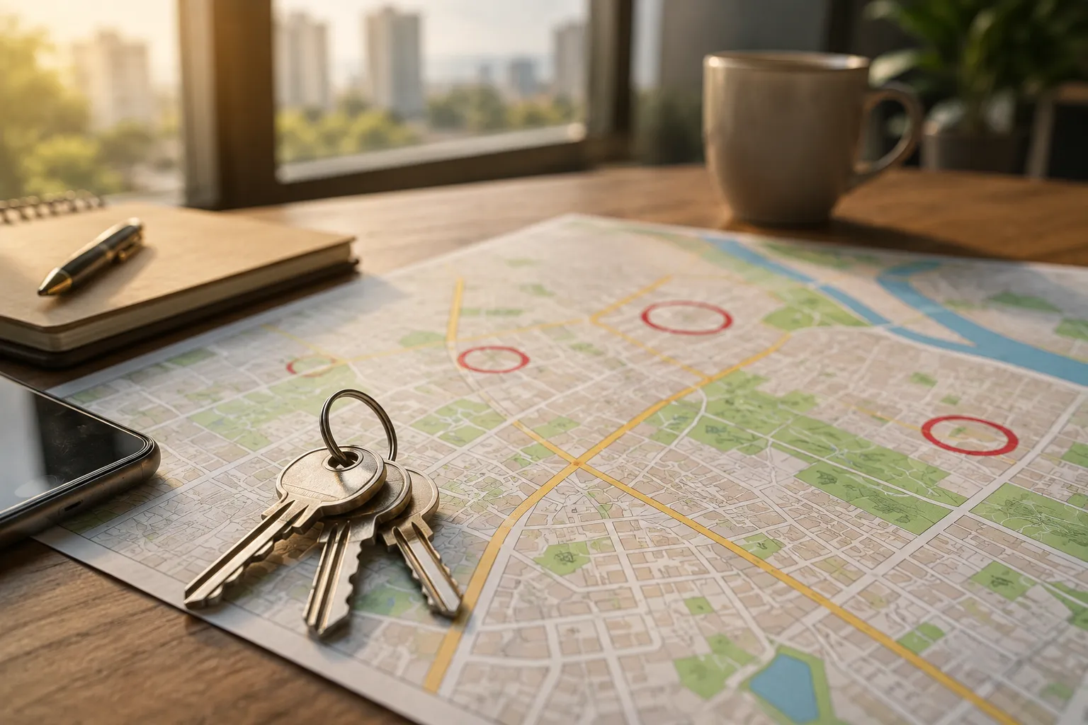 Trousseau de clés posé sur un plan pour un investissement locatif