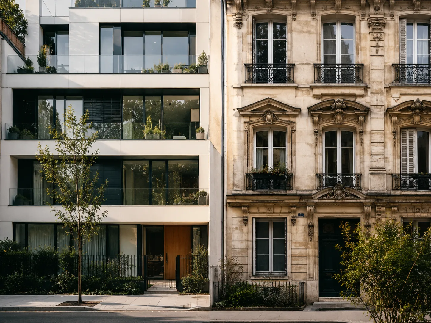 Contraste entre une façade de logement neuf et une façade ancienne