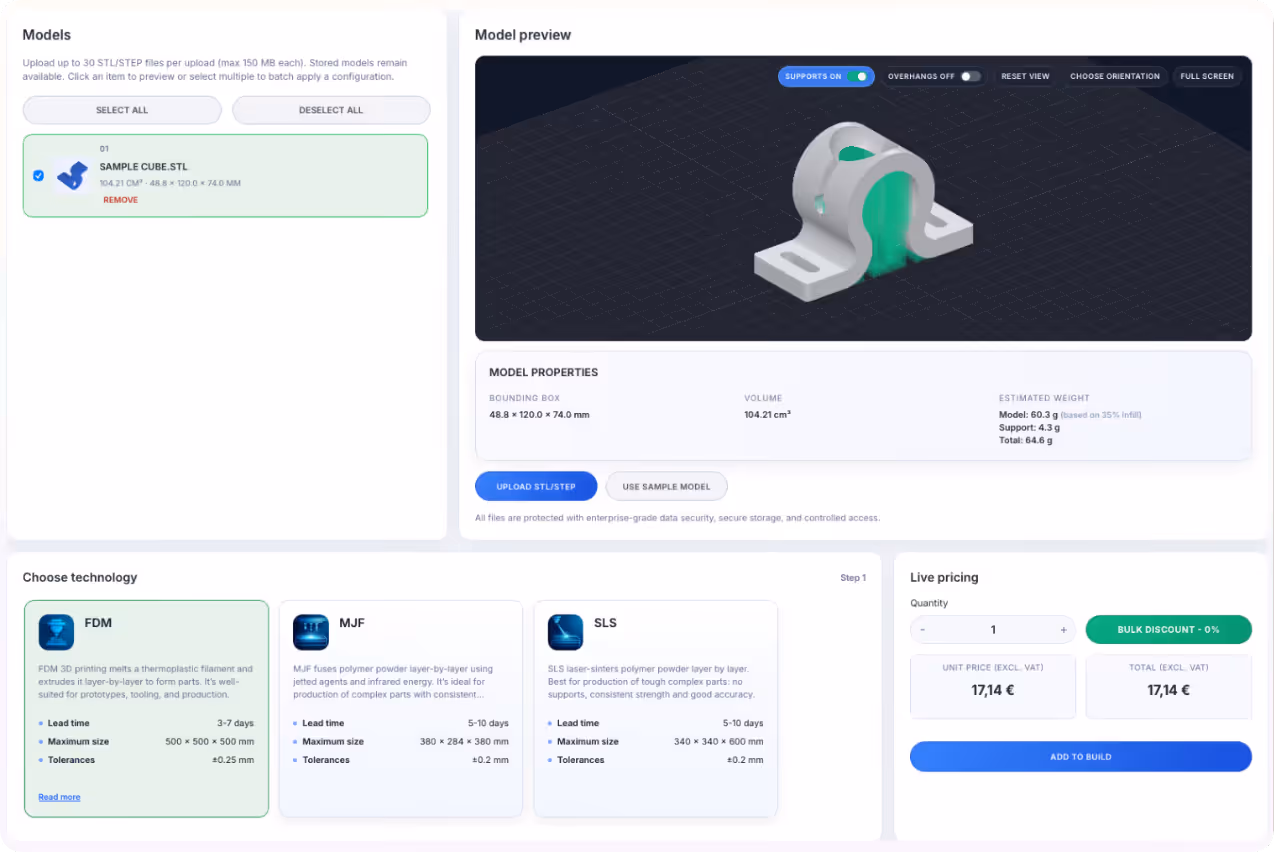 3D printing quote platform interface showing a sample cube model preview, model properties, 3D printing technology options, and live pricing for quantity one at 17.14 euros.