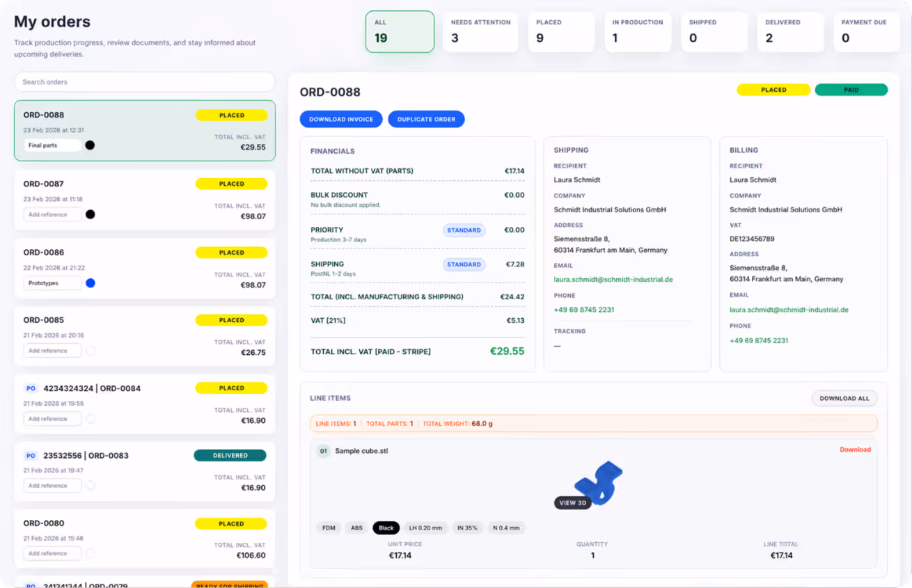 Online order management interface showing a list of orders with statuses, detailed order summary including financials, shipping and billing info, and a 3D printable sample cube file.