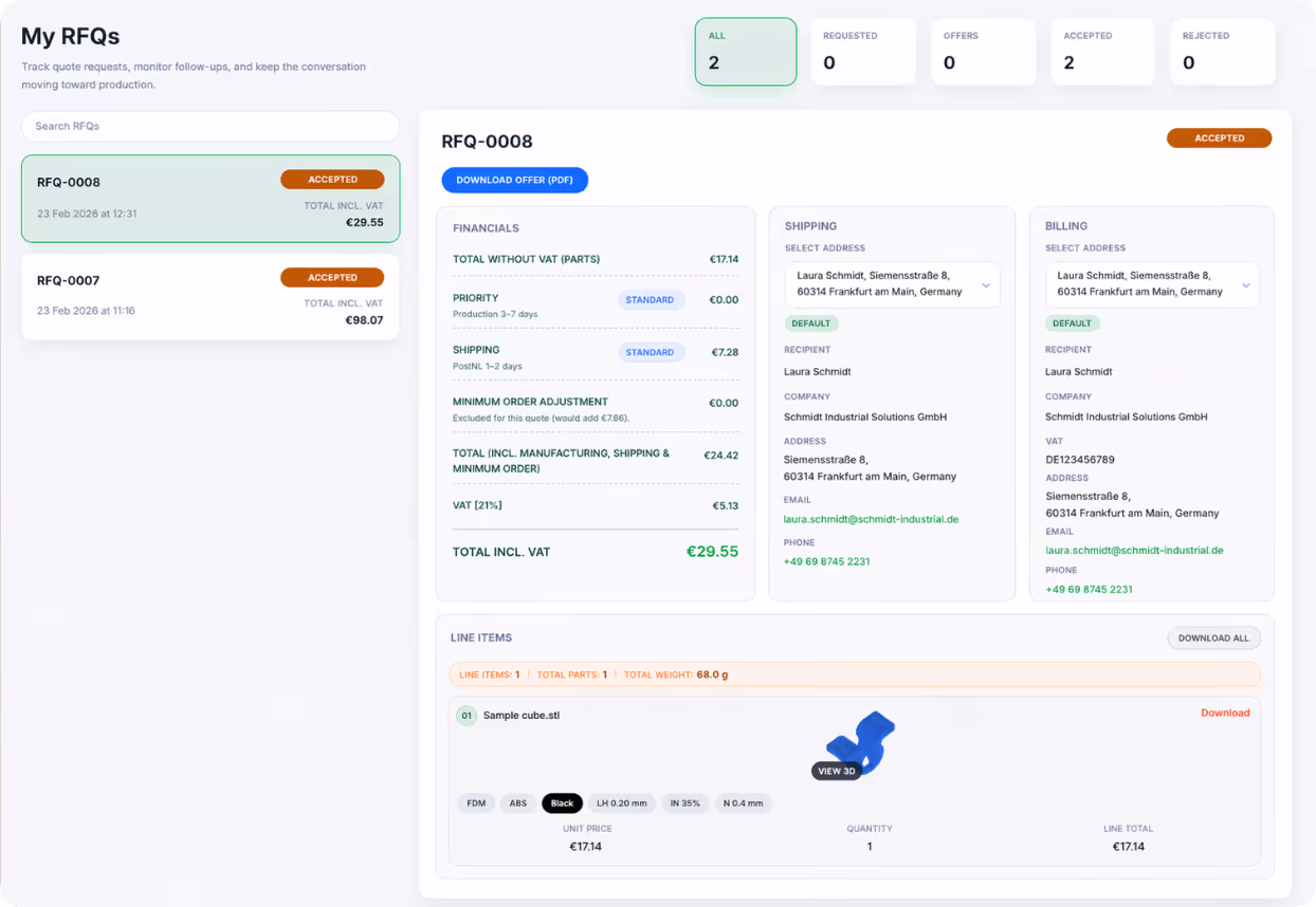 User interface screen displaying two accepted RFQs with detailed financials, shipping, billing information, and a 3D view of a sample cube STL file.