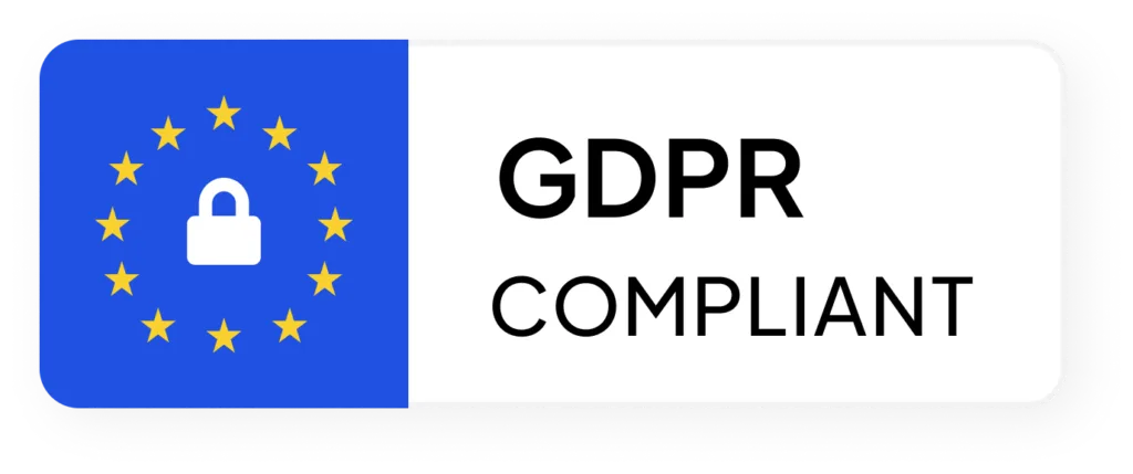Blue and white badge with a padlock surrounded by yellow stars and the text GDPR COMPLIANT.