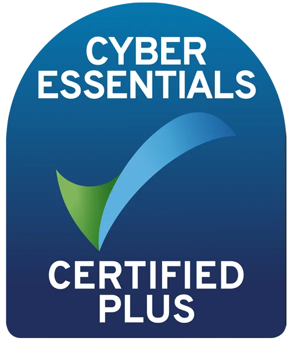 Cyber Essentials Certified Plus logo with a green and blue checkmark on a blue shield background.