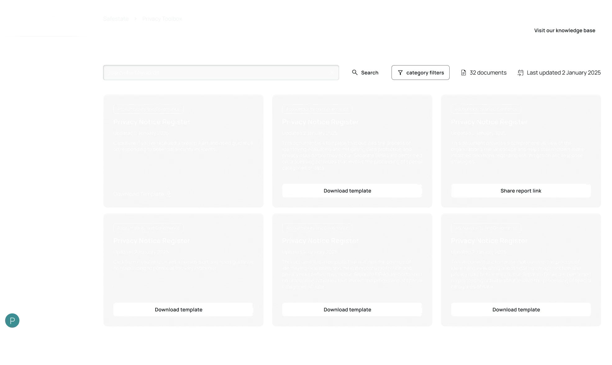 Online privacy toolbox interface showing a search bar, category filters, and six Privacy Notice Register templates with options to download or share links.