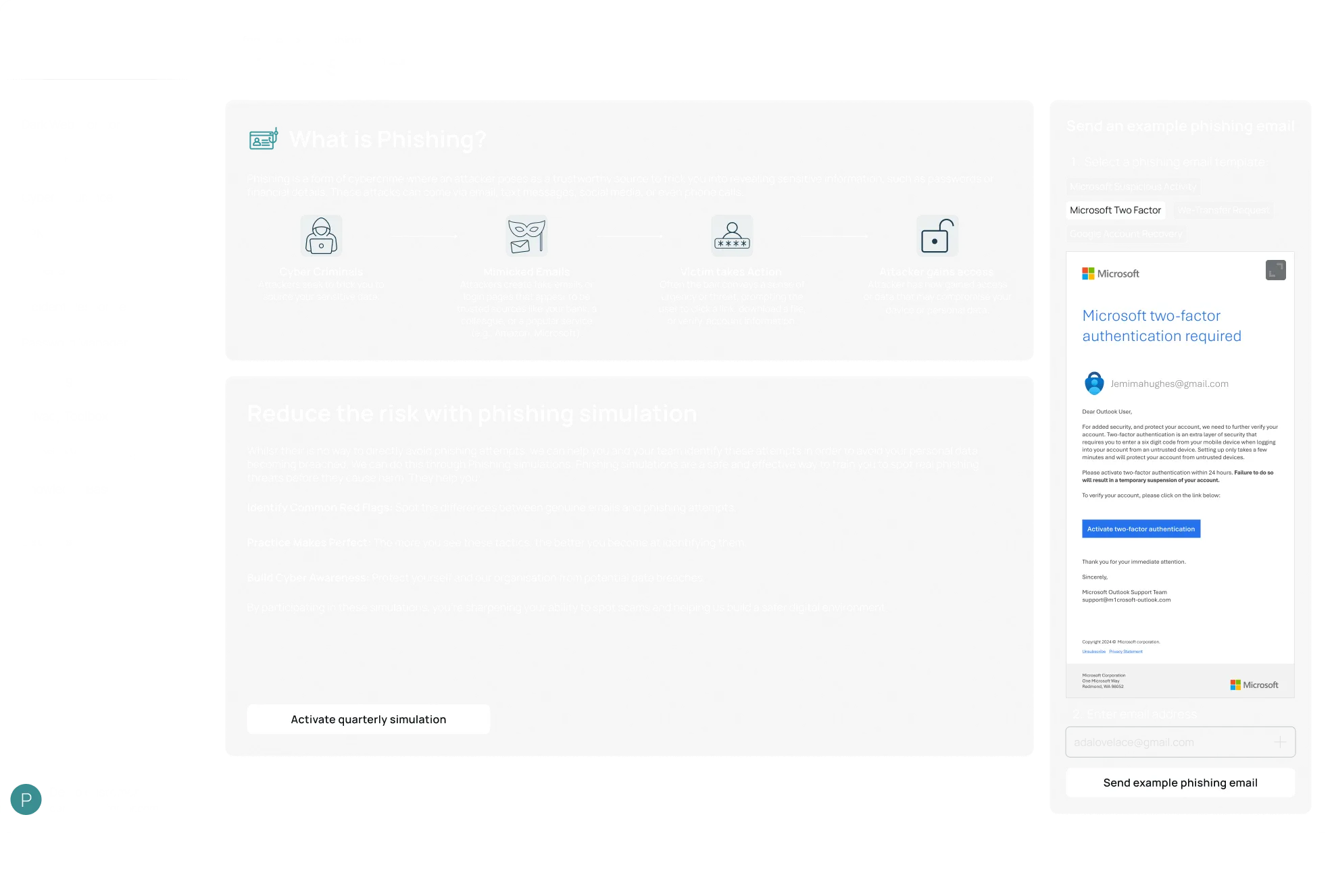 Dashboard explaining phishing with icons for cyber criminals, mimicked emails, victim actions, and attacker access, plus a panel to send example phishing emails like a Microsoft two-factor authentication request.