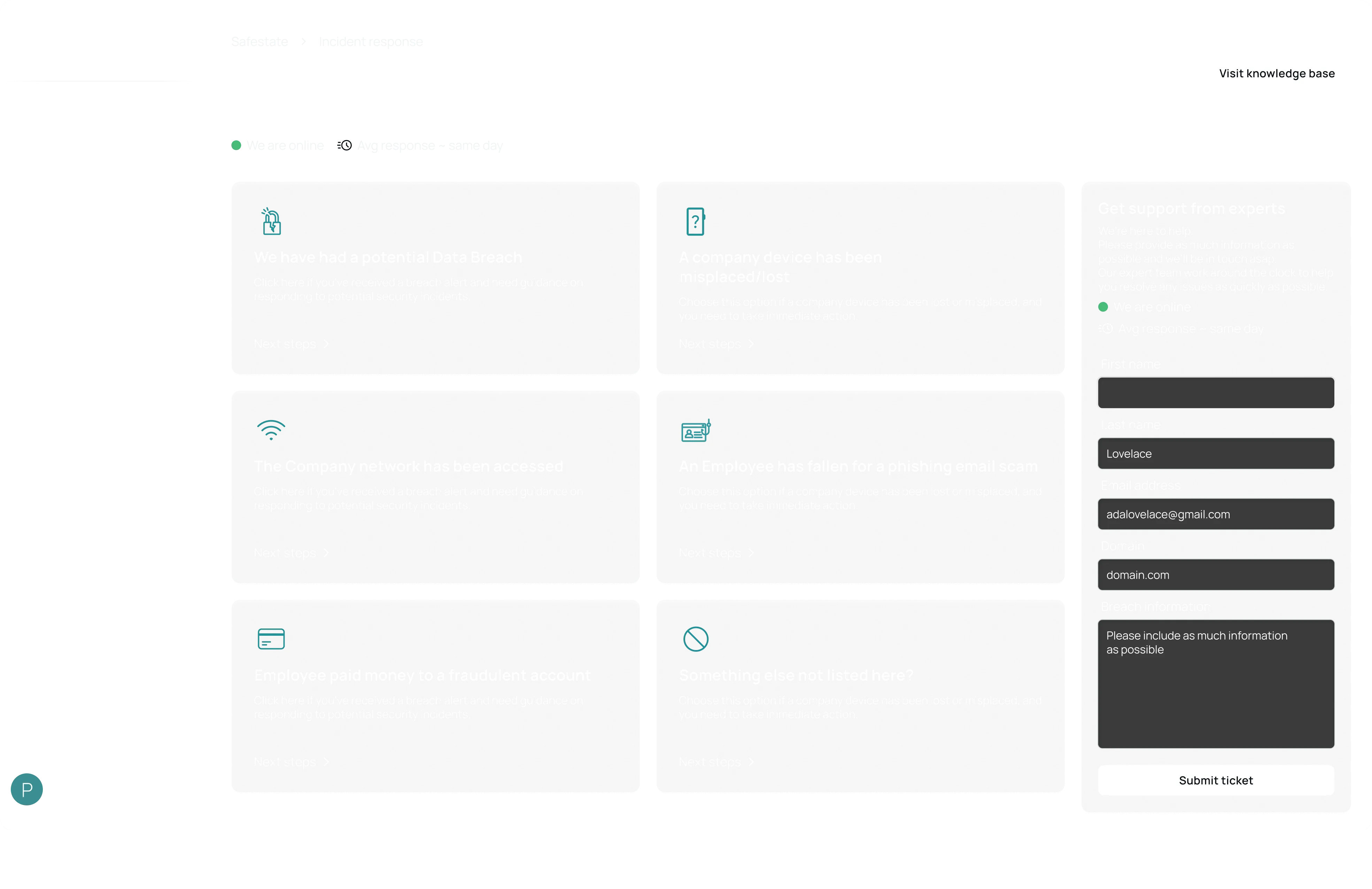 Incident response dashboard showing options for data breach, misplaced device, network access, phishing scam, fraudulent payment, and other issues, with a support form on the right to submit a ticket.
