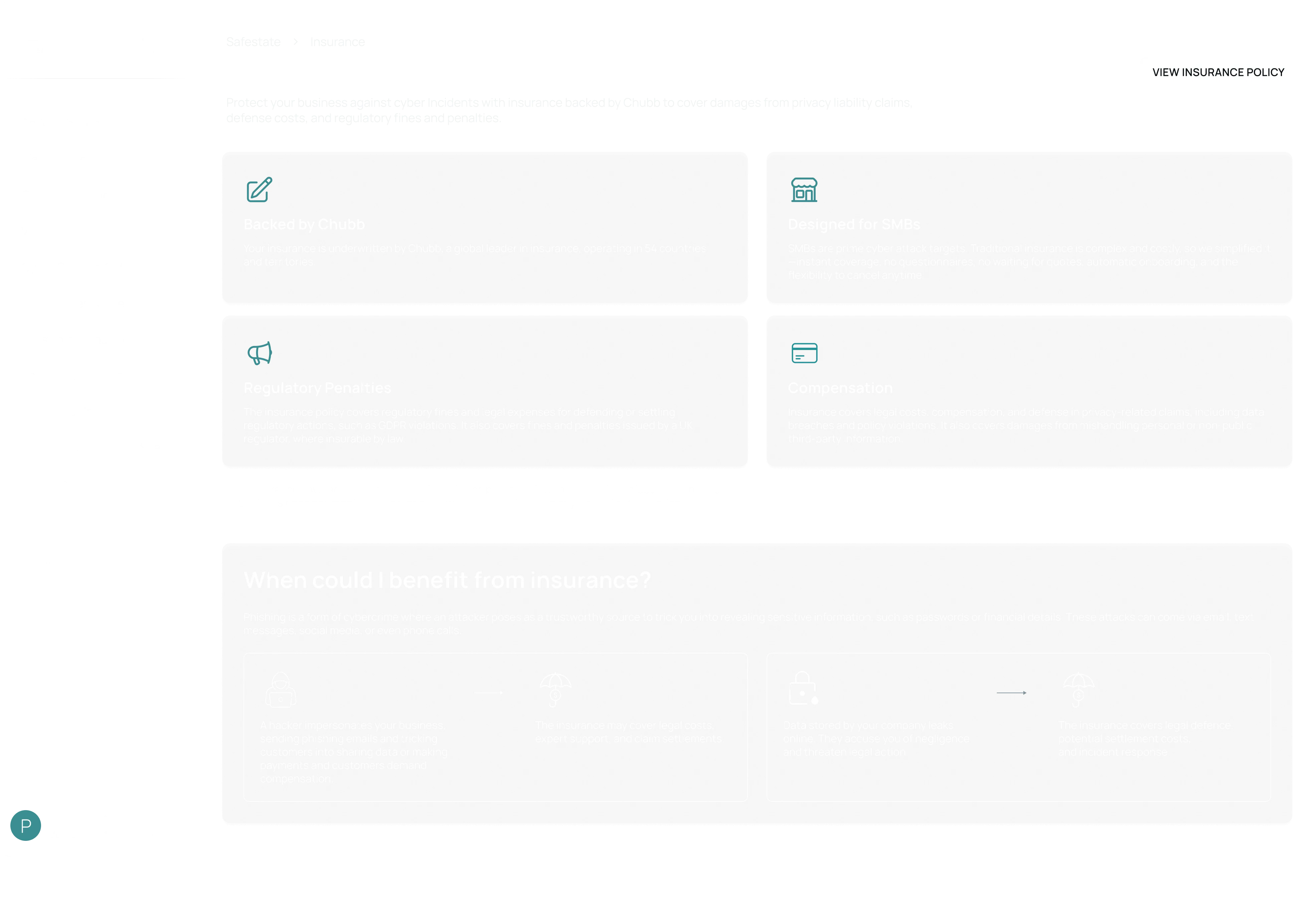 Overview of cyber insurance benefits including coverage backed by Chubb, designed for SMBs, regulatory penalties, and compensation, with explanations on phishing attack scenarios and insurance benefits.
