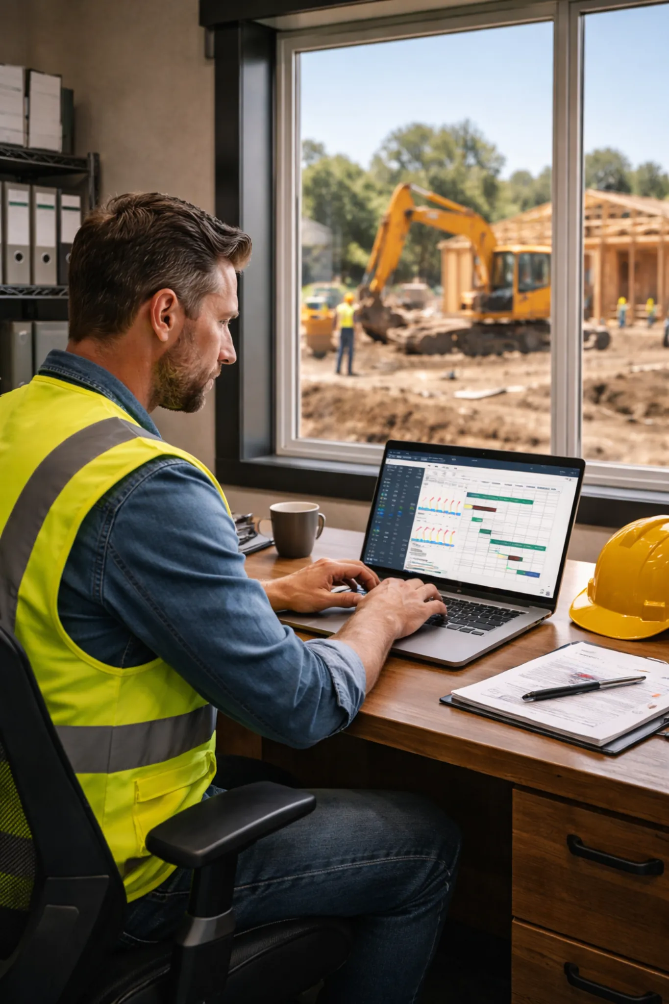 Contractor reviewing job schedule and job costing at a site office