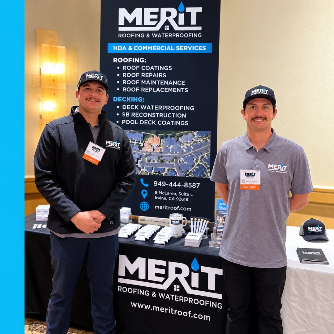 Merit Roofing & Waterproofing team at an HOA and commercial services trade show booth